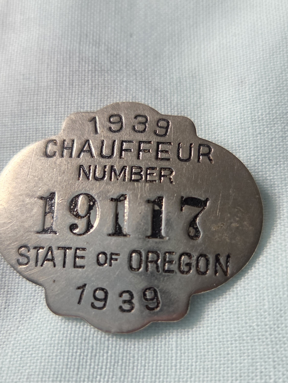 Vintage 1939 Chauffeur Badge - Silver Tone Oregon Driver Number 19117 #cb2